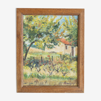 Oil on canvas painting Marc Arneguy "cherry tree in autumn and farmhouse in Opio"