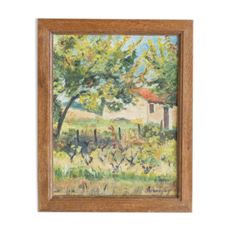 Oil on canvas painting Marc Arneguy "cherry tree in autumn and farmhouse in Opio"