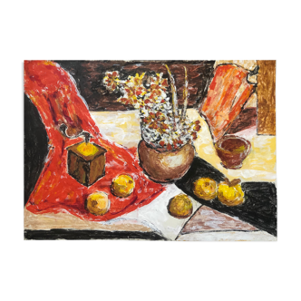 Large still life flowers fruit and mill around 1980 anonymous 70 cm by 50 cm