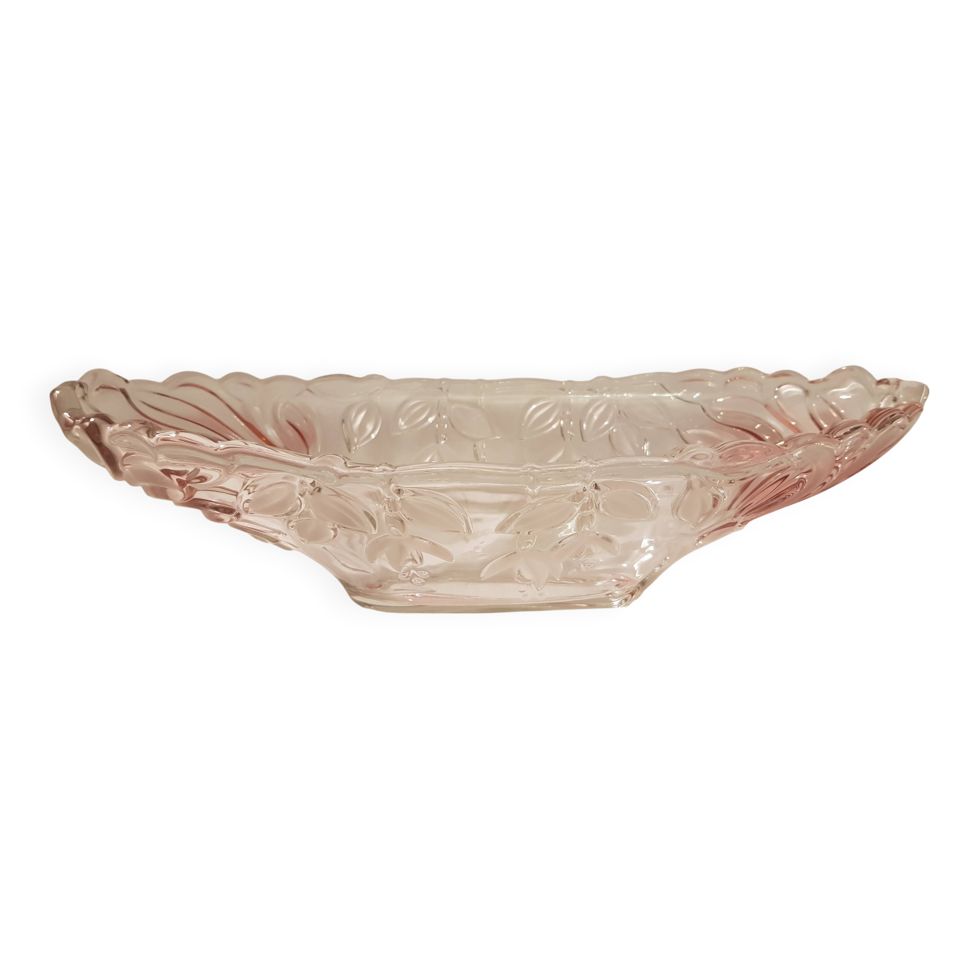 Oval bowl in crystal and frosted glass, pink and frosted.