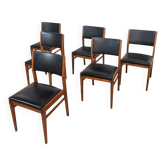 Set of 6 vintage Scandinavian chairs in wood and black faux leather – 1960s