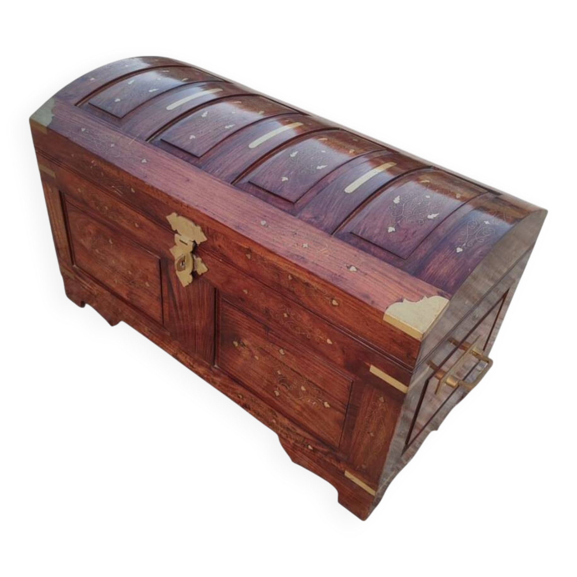 Anglo Indian wedding chest trunk in exotic wood decorated with polished brass inlay