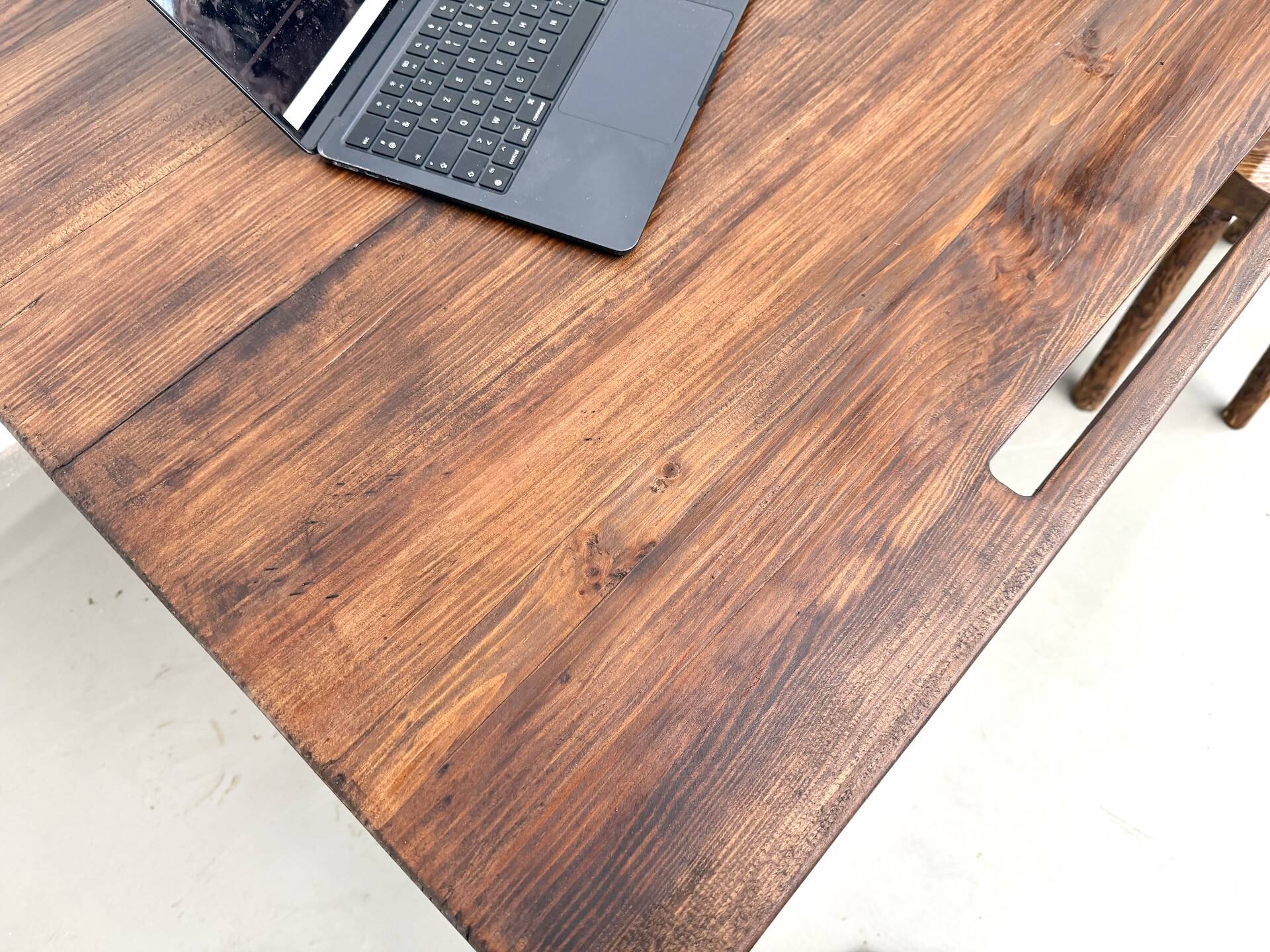 Solid pine work table, grooved top, satin brown finish, year