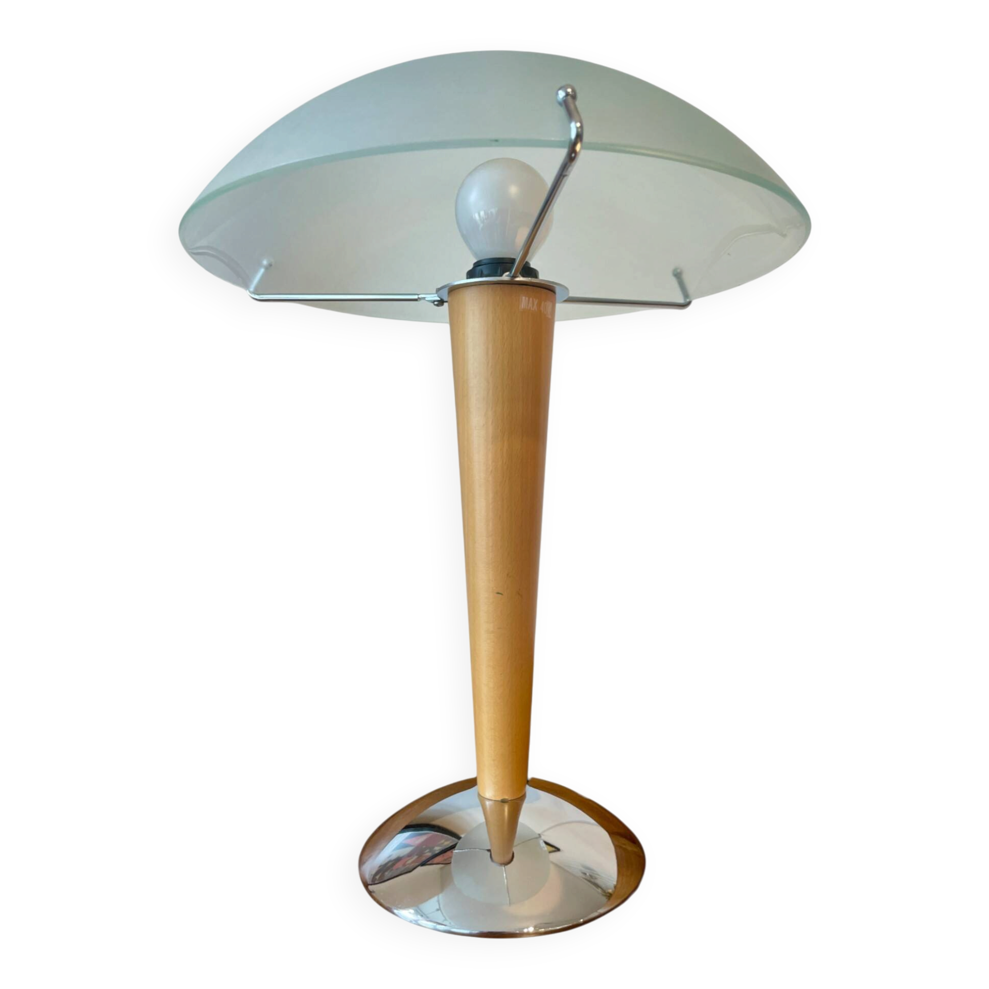 Chrome and wood mushroom lamp