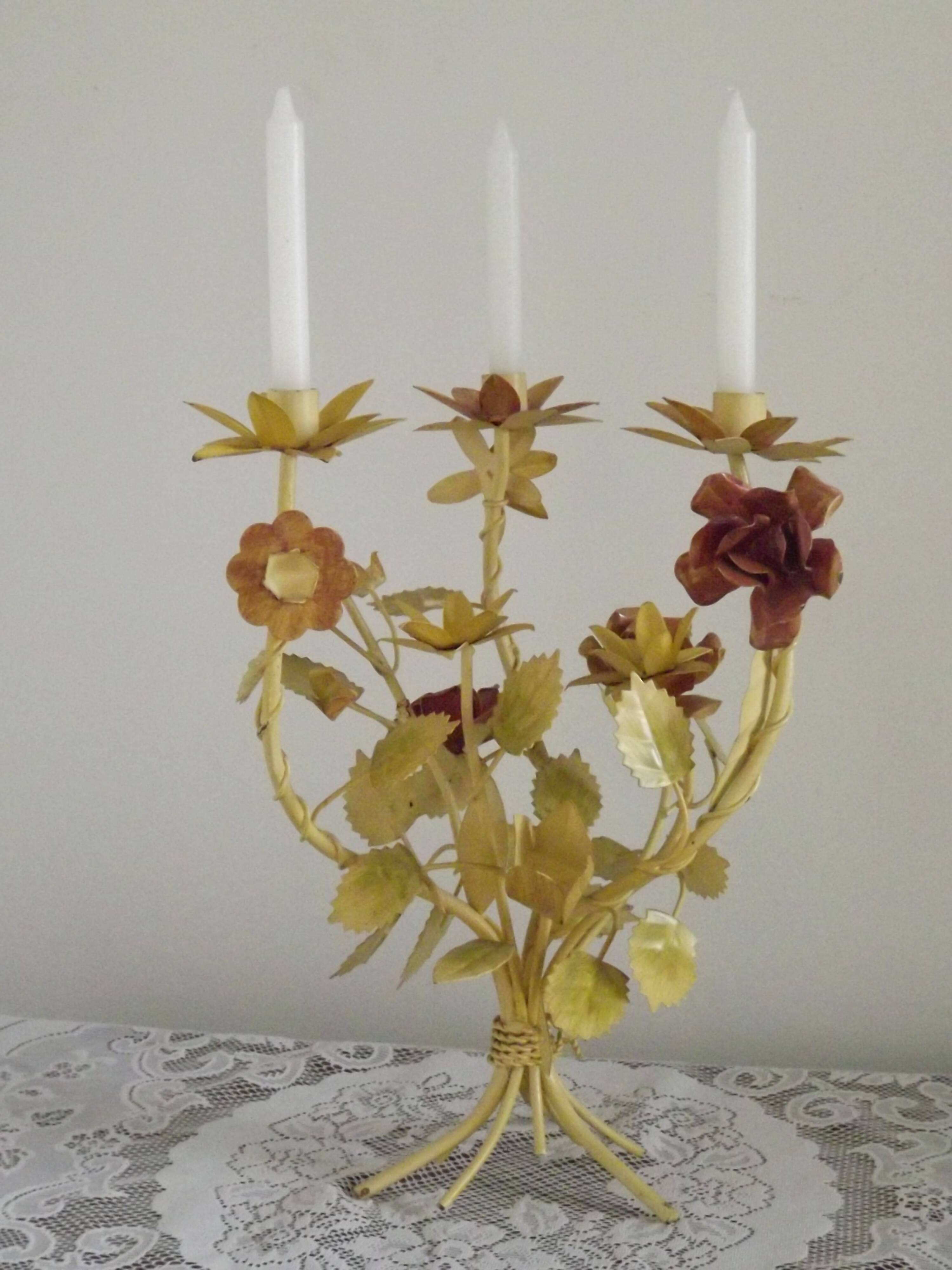 Large Vintage French FloralThree Arm Candelabra – Tied Bouquet Style