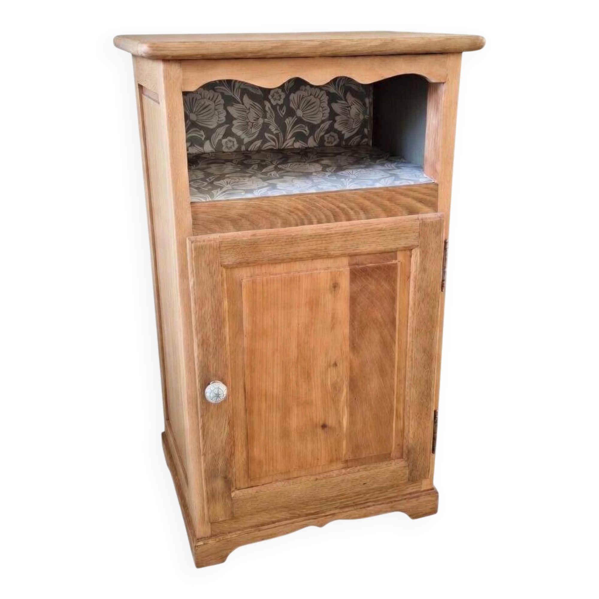 Antique English bedside table in solid wood, refurbished.