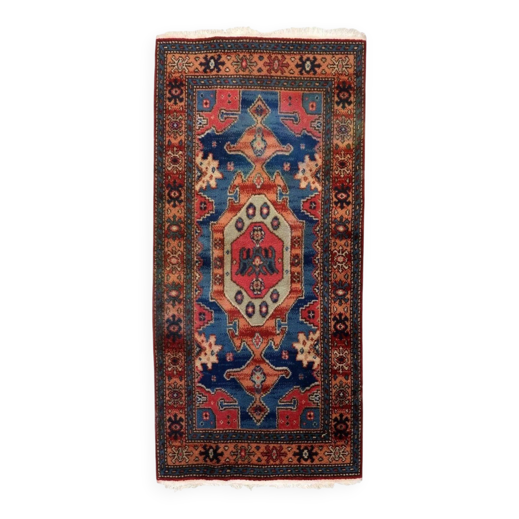 Vintage 1950s German tribal style wool rug, geometric medallion, 84cm x 180cm