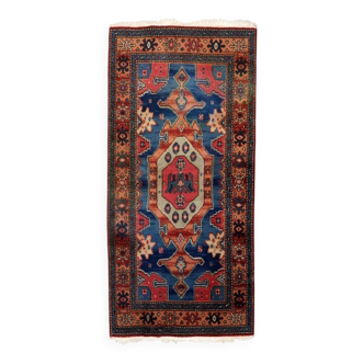 Vintage 1950s German tribal style wool rug, geometric medallion, 84cm x 180cm