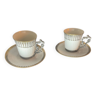 Pair of Winterling cups and saucers in porcelain and silver-plated metal