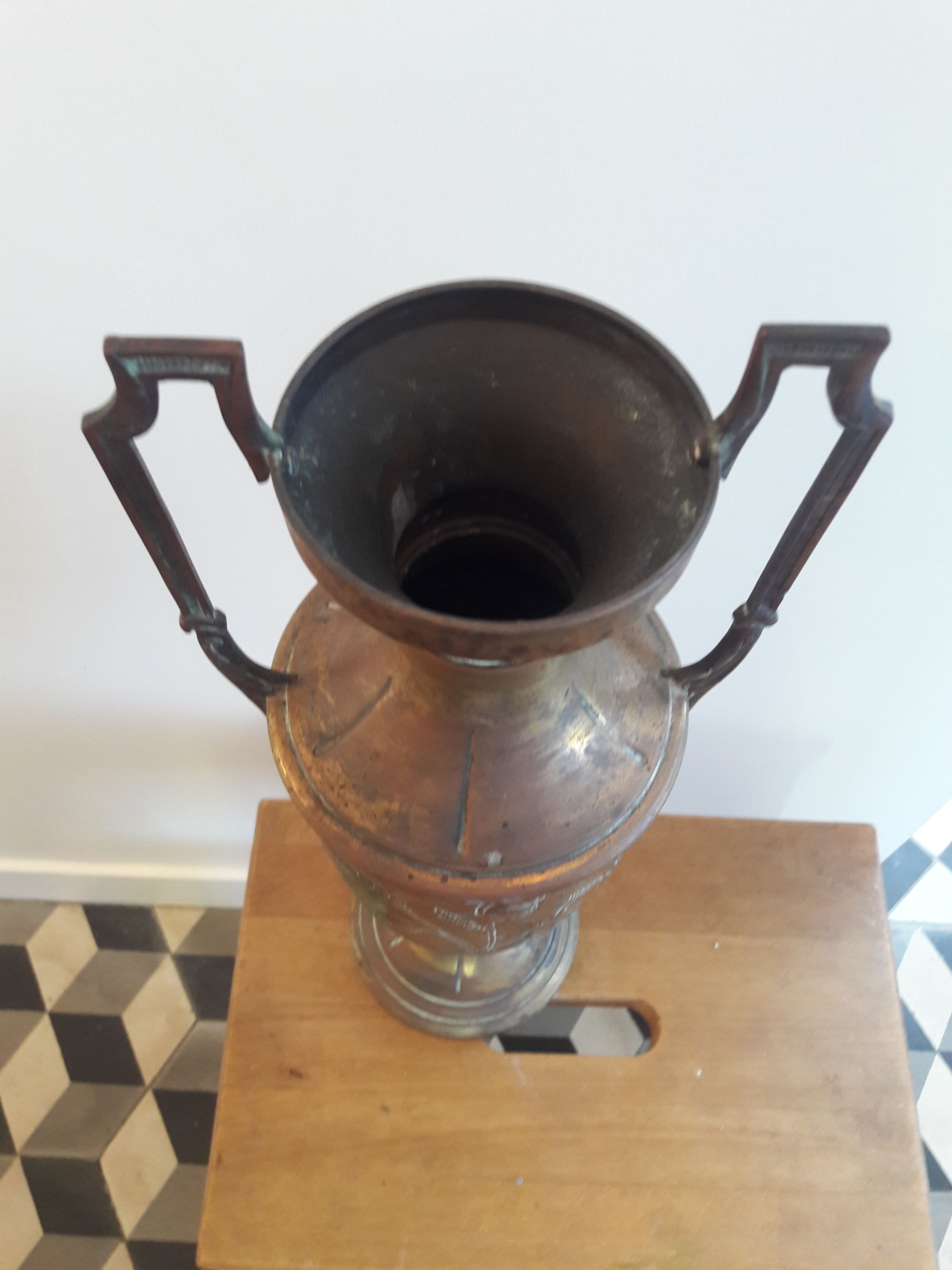 Brass amphora vase - copper art deco style on pedestal with floral pattern handles