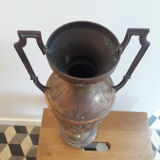 Brass amphora vase - copper art deco style on pedestal with floral pattern handles