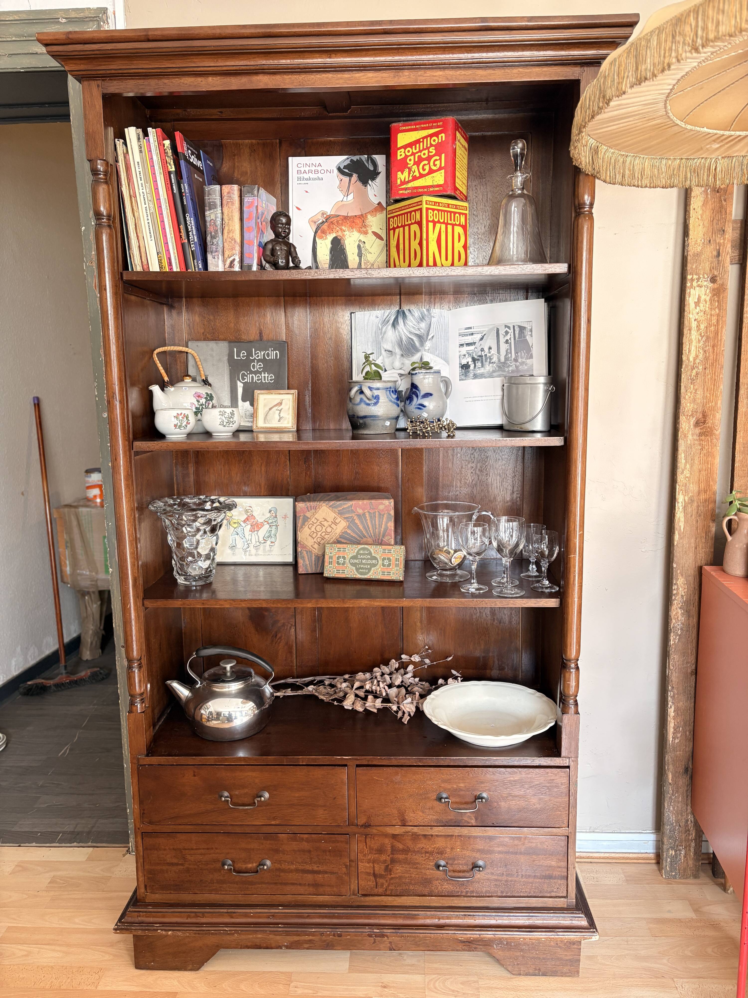 Wooden bookshelf with drawer