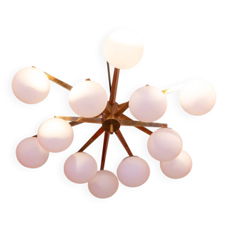 Angelo Lelli. Brass and opaline chandelier. Contemporary.