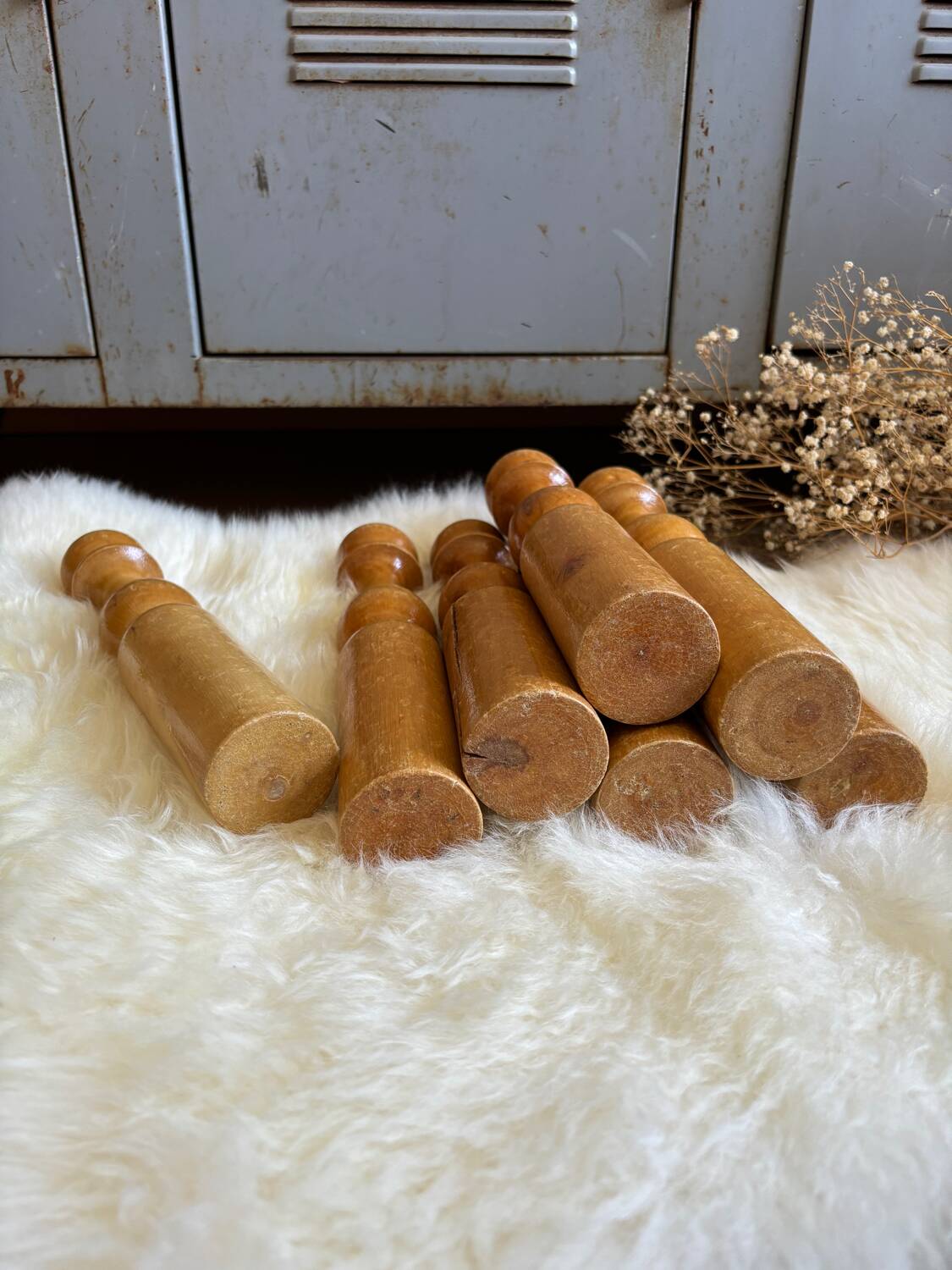 Old wooden bowling pins