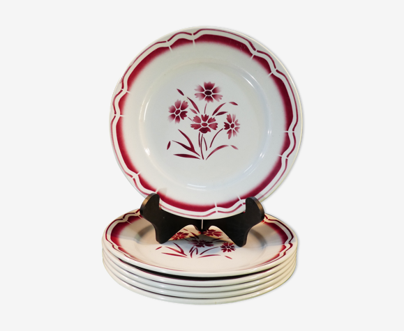 6 assiettes plates en faience de badonviller fb fenal freres décor fleur rouge