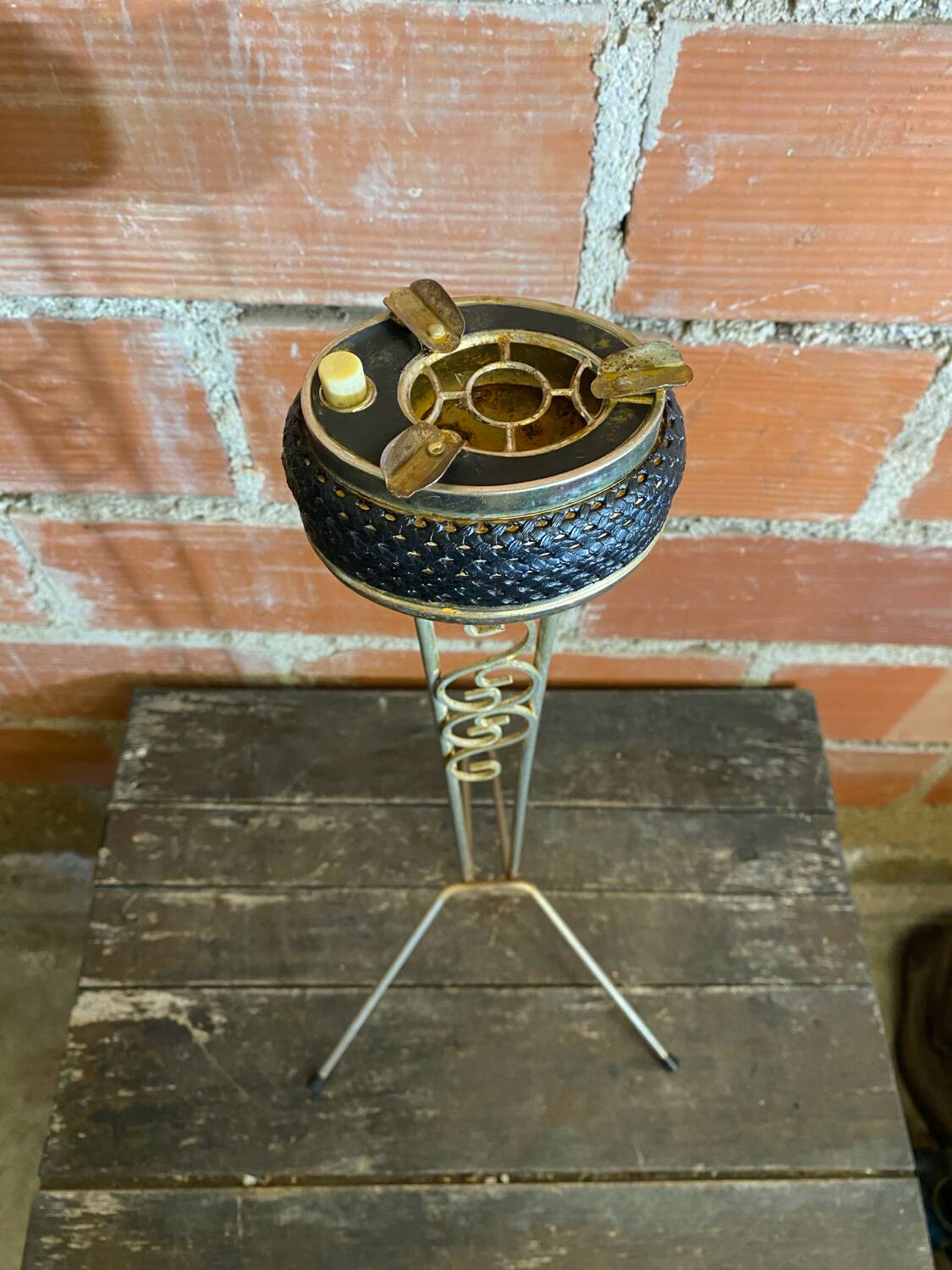 Tripod Metal Gold Ashtray + Vintage Push Ashtray
