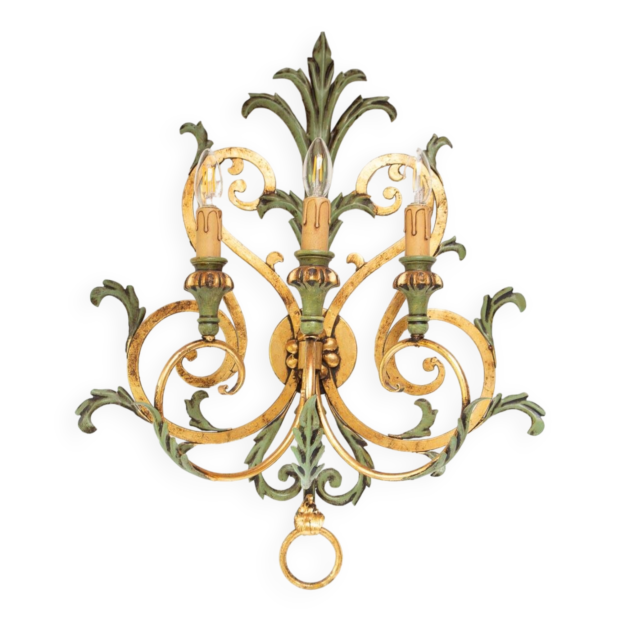 Large Italian wall lamp in gold and green metal. 90s