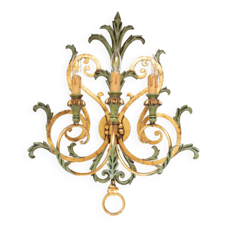 Grande applique italienne en metal doré et vert. Années 90