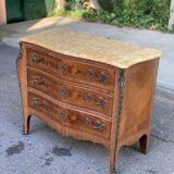 Curved Louis XV chest of drawers in marquetry and beige marble