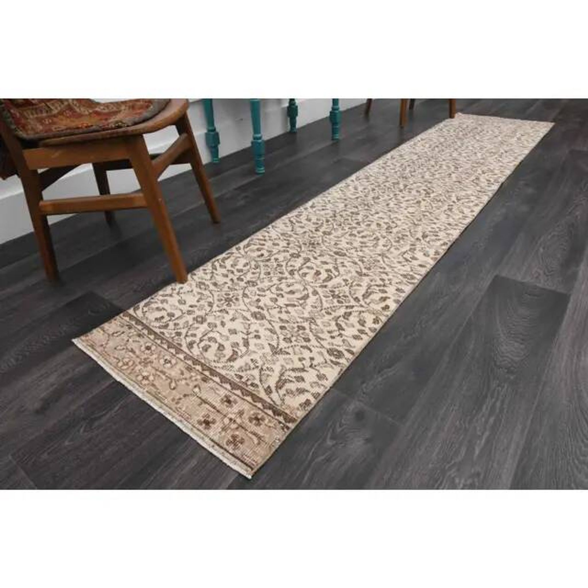Vintage Turkish Oushak handmade wool cotton beige runner rug 63x295