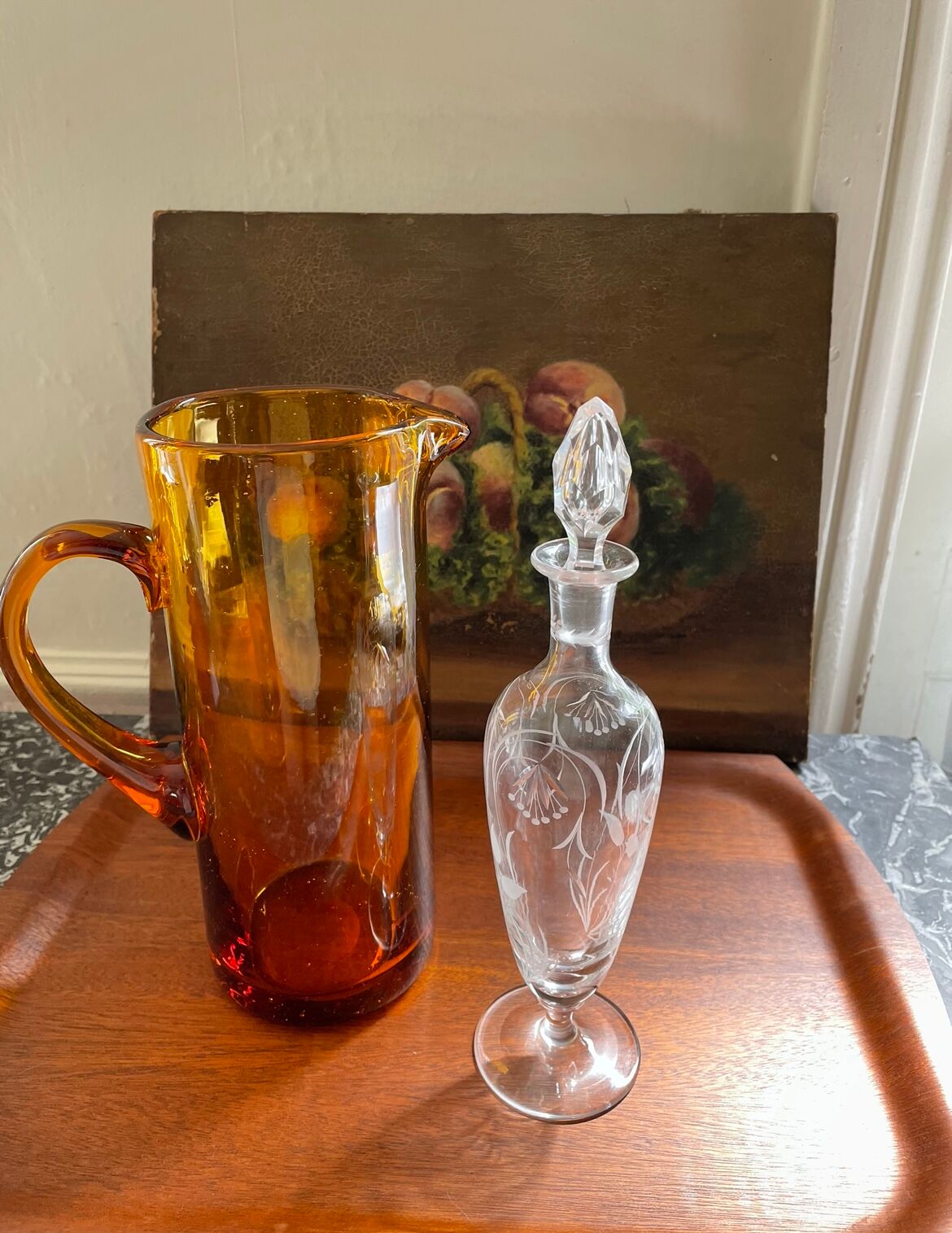 Amber pitcher bubbled glass
