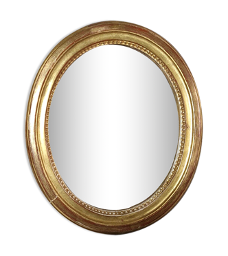 Ancien miroir ovale cadre bois stuc perlé doré 38x32cm SB