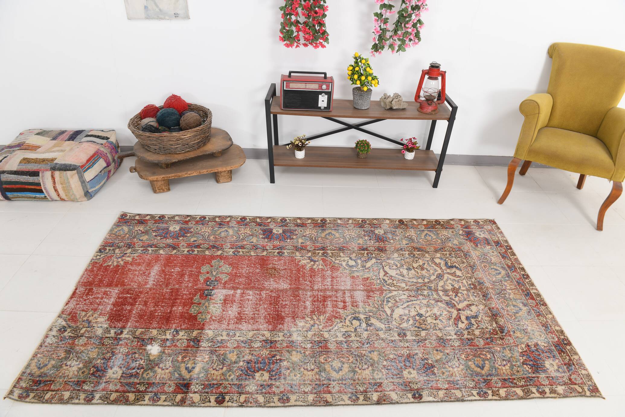 4x7 Red & Cream Vintage Area Rug 126x236Cm SK 17738