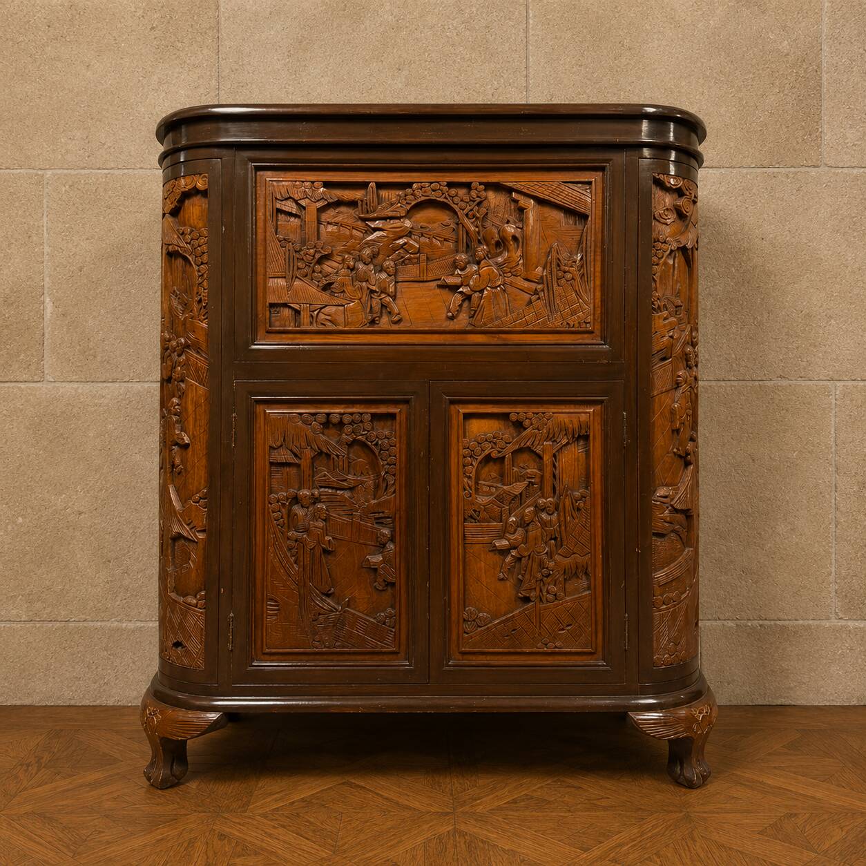 Meuble bar chinois sculpté en bois – XXe siècle