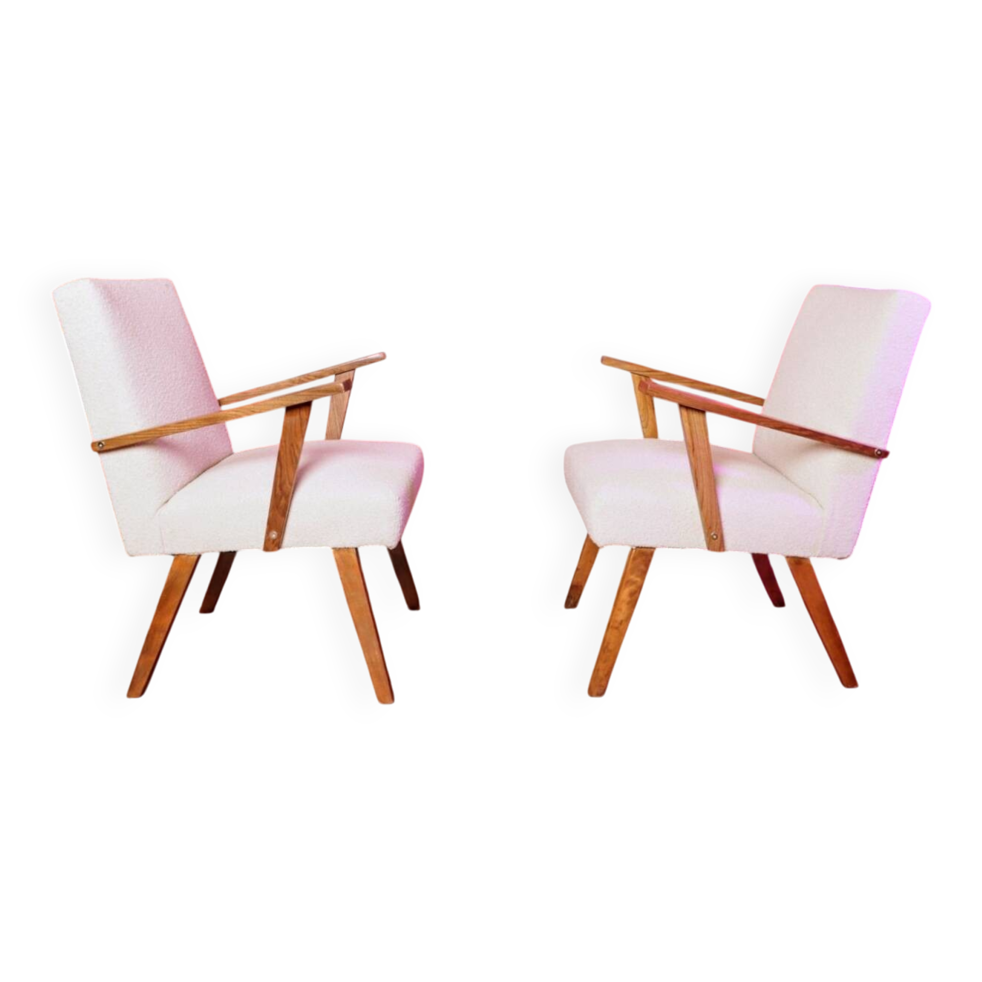 Vintage armchairs set of 2 beige bouclé walnut wood 1960