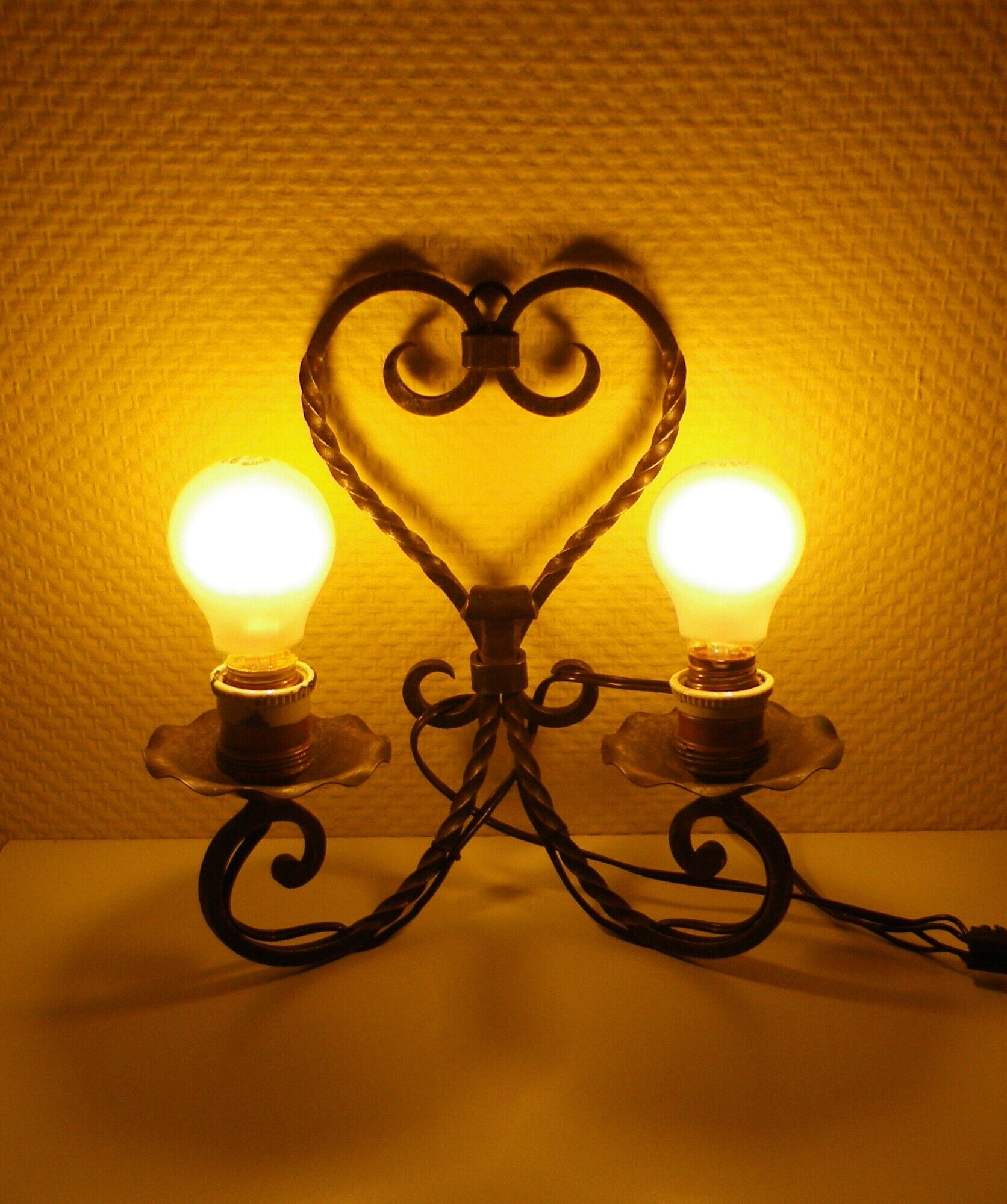 Real wrought iron wall sconce assembled and uns welded, porcelain and brass sleeves -1930/40