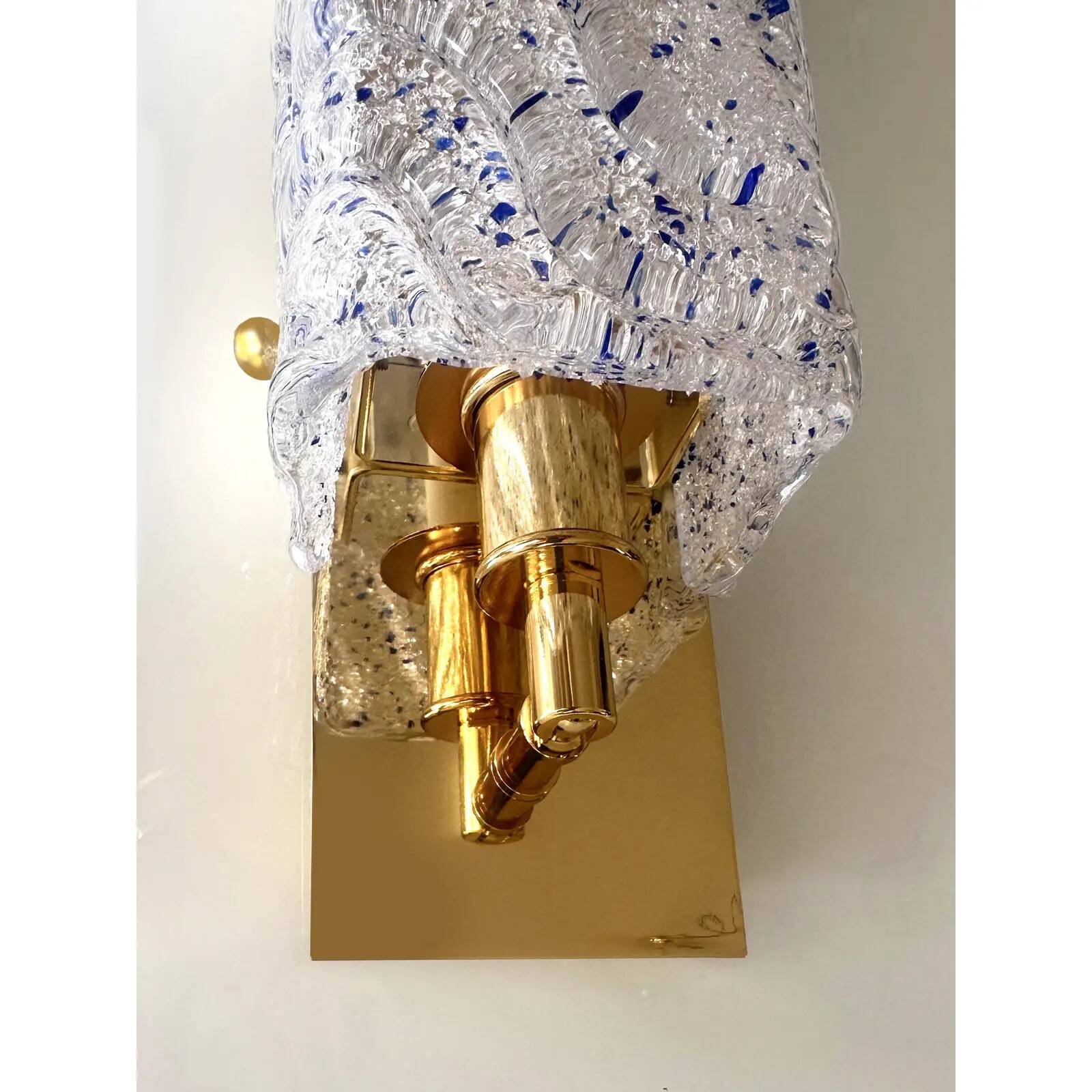 Pair of Gold Wall Sconces with Blue Graniglia Murano Glass