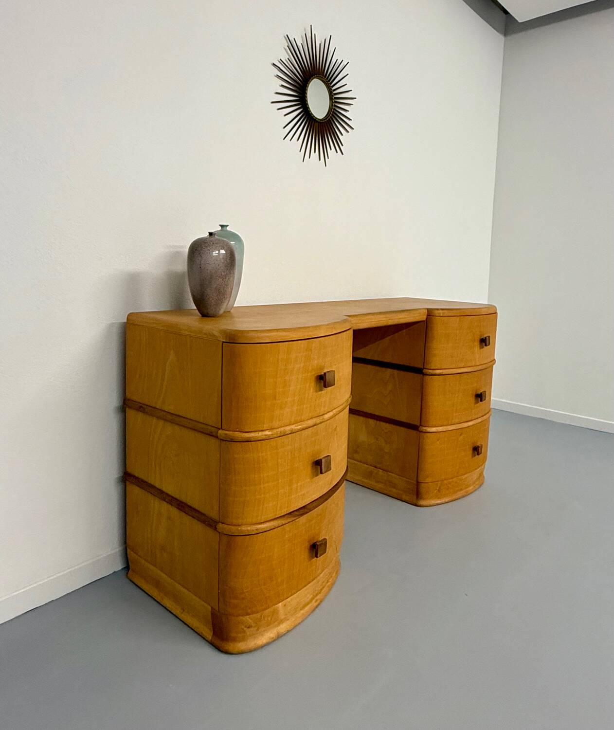 Old beech desk in art deco style with drawer, vintage 60s