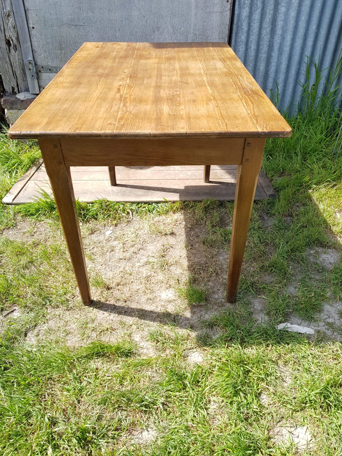 Old Farm Table - Wood Drawer Feet Compas Handle Vintage Porcelain