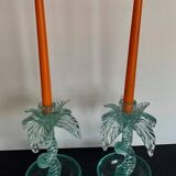 Pair of bubble glass "palm tree" candlesticks