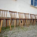 Set of 6 vintage bistro chairs – Warm stained wood – Compass legs