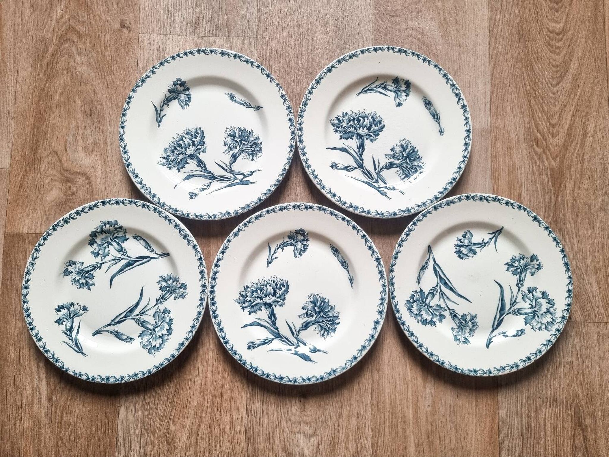 5 iron earthenware flat plates, KG Lunéville, Oeillet, 1900
