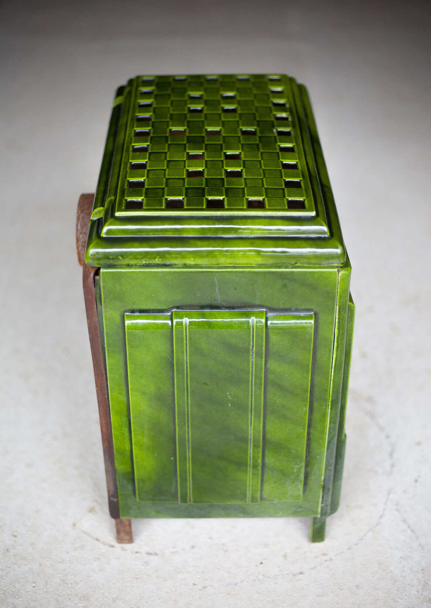 Art deco wood stove, green enamelled wood stove, interior decoration