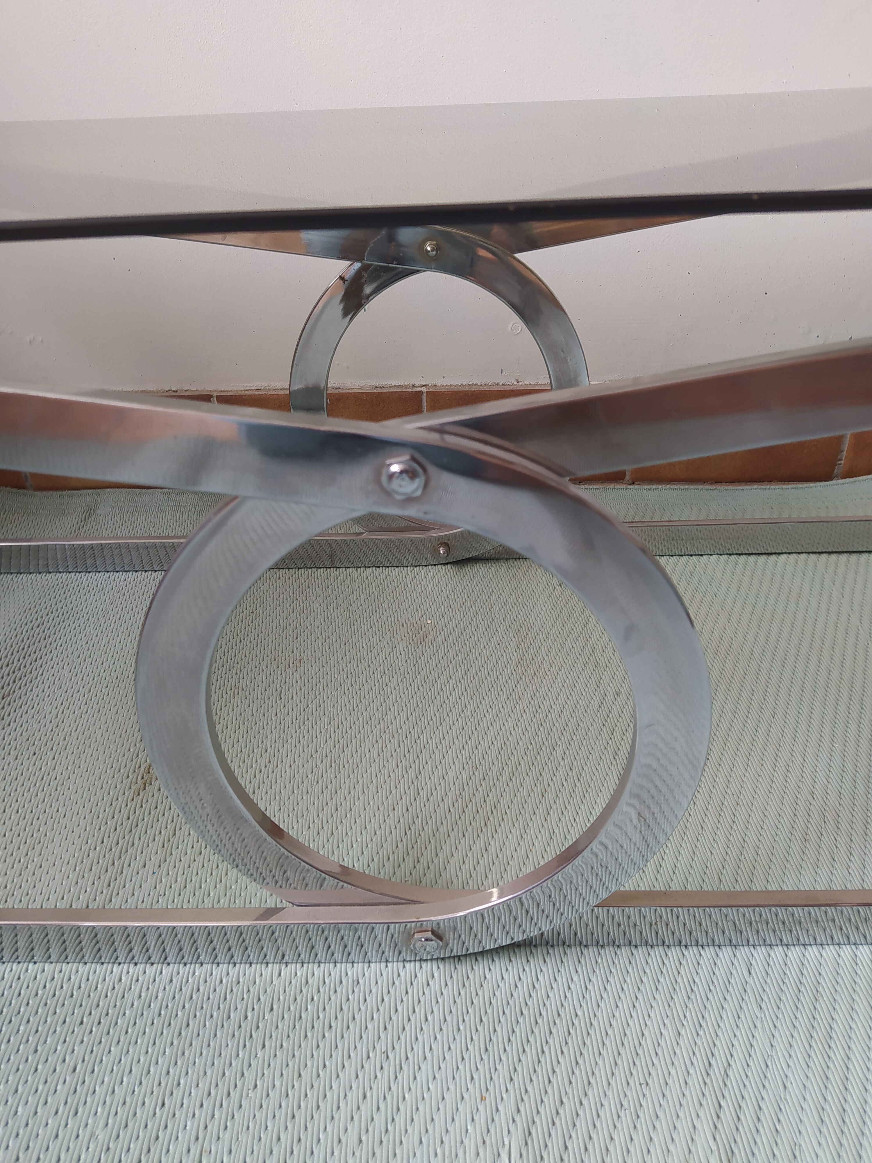 Vintage coffee table 70s rectangular top smoked glass chrome foot