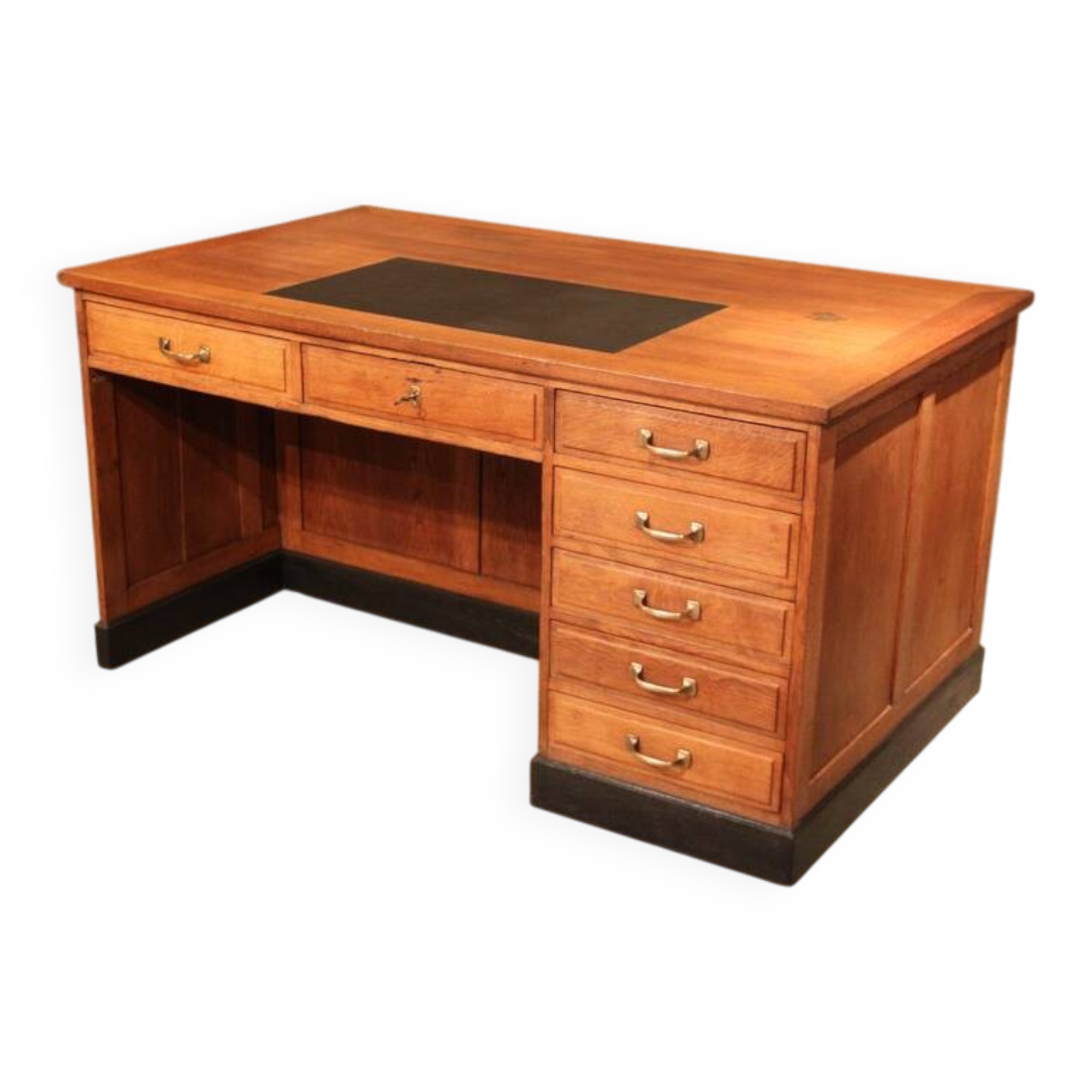 Double administrative desk with cupboard and drawer.