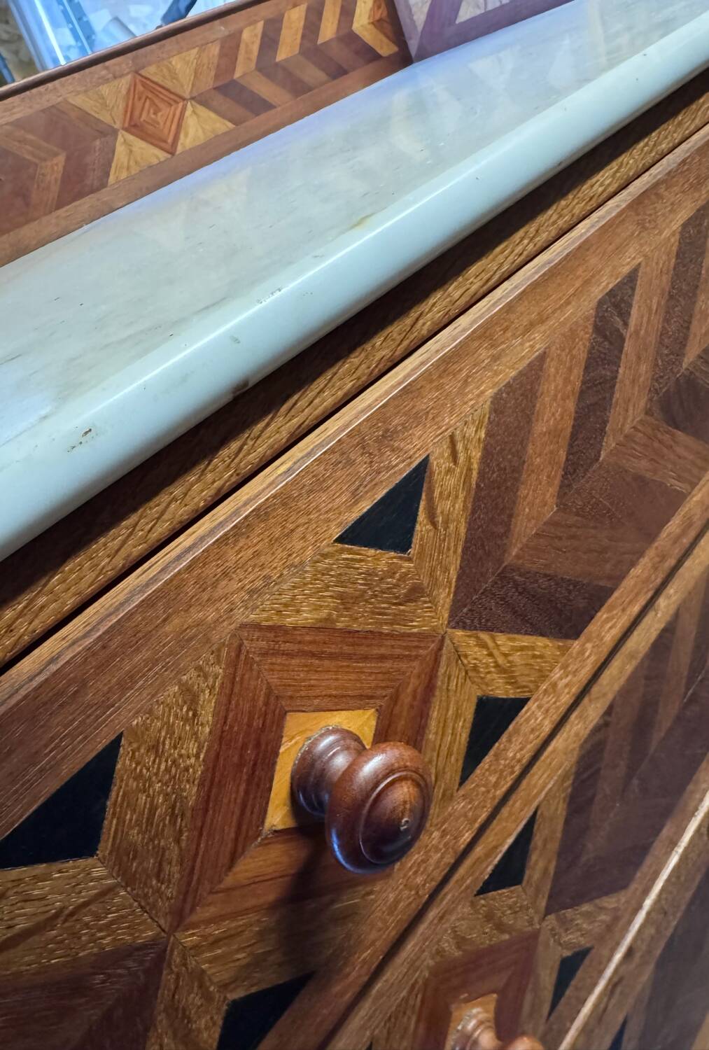 Antique inlaid chest of drawers, marble top