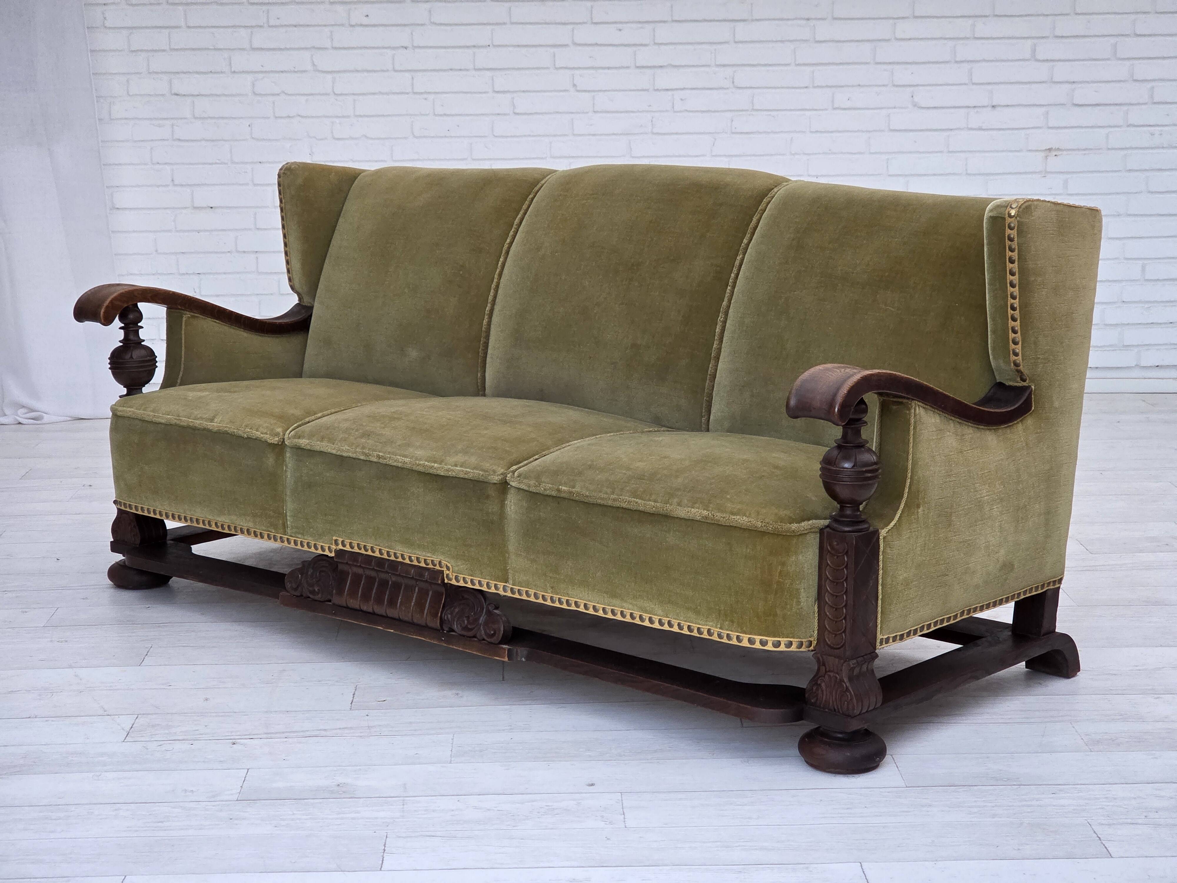1950s, 3-seater Danish sofa, original condition, furniture velour, oak.