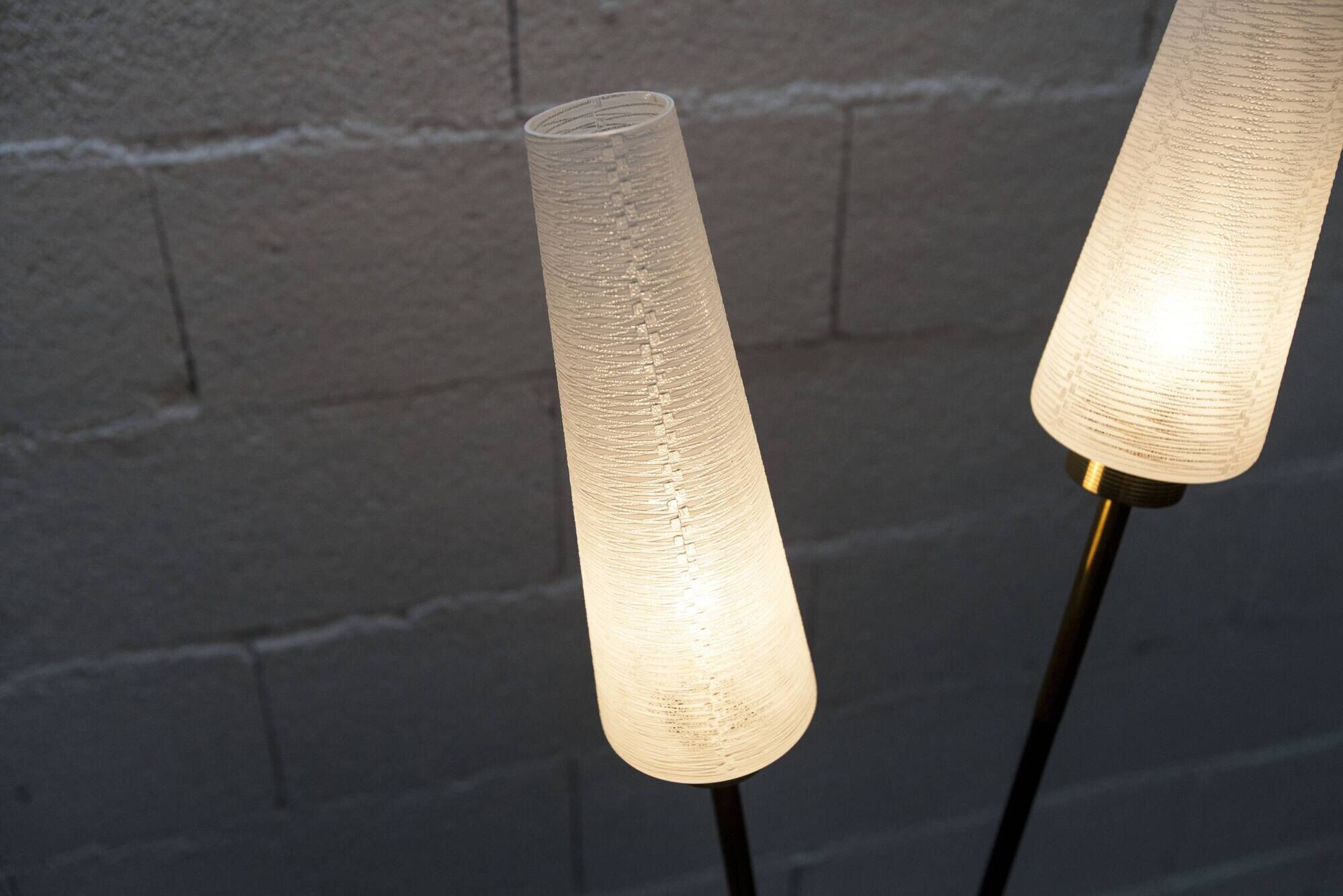 Arlus floor lamp with tripod base and 2 ribbed glass lamps 1950