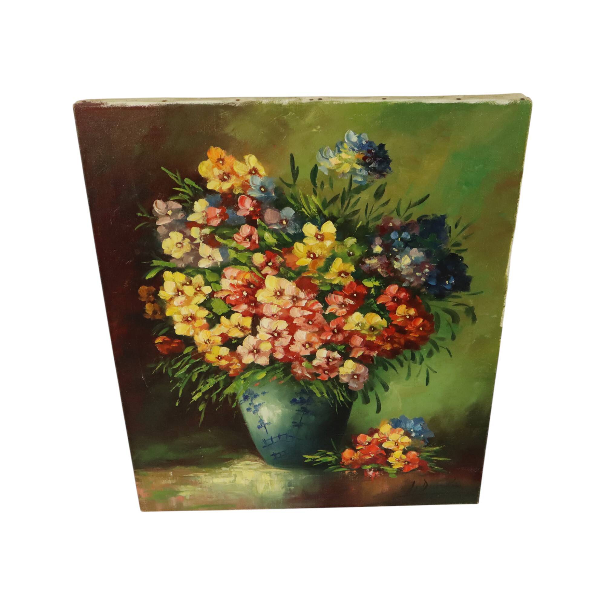 Grande nature morte de fleurs colorées signée 60x50cm