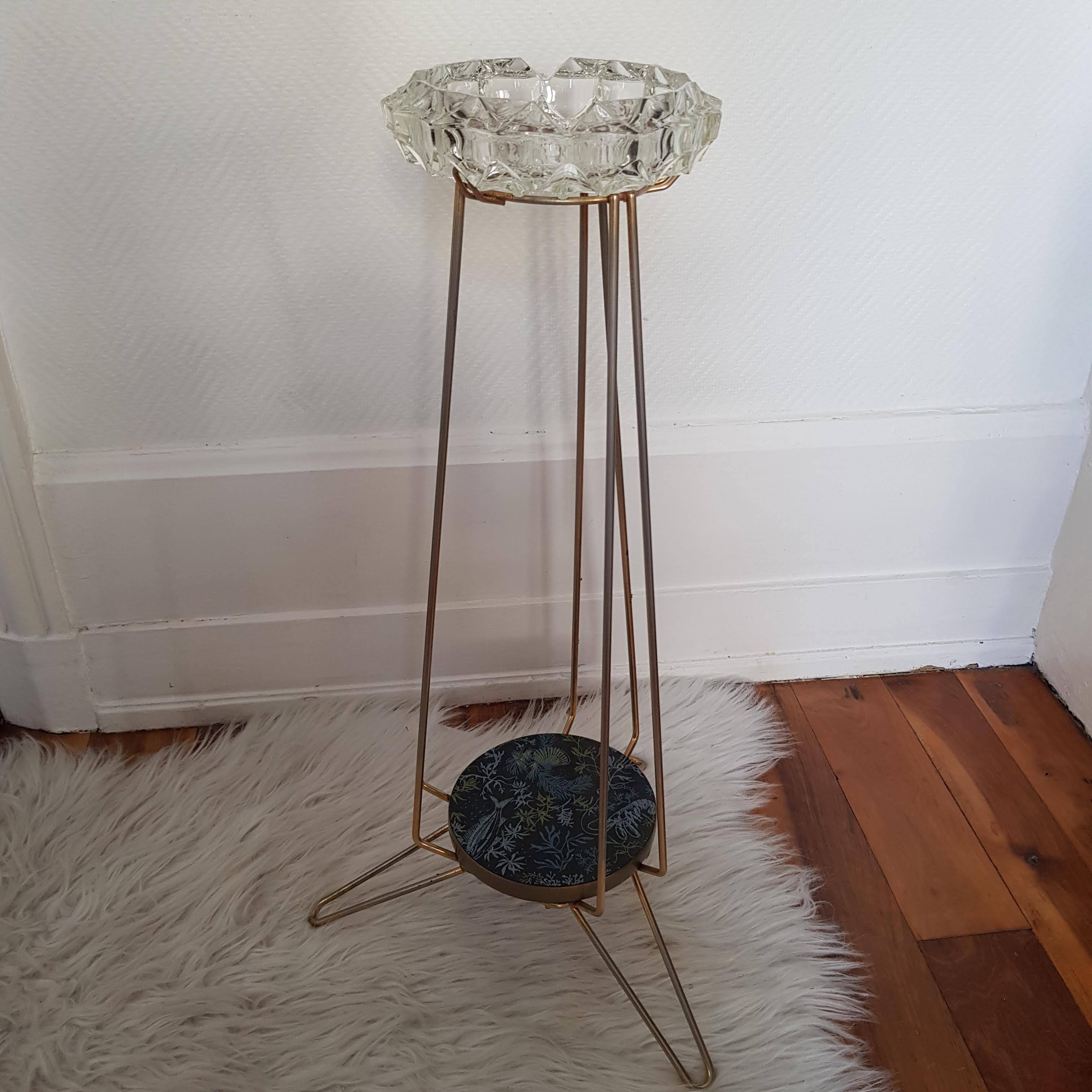 Crystal ashtray on brass tripod stand