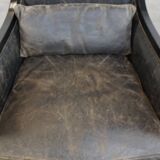 Black Art Deco design cow leather and wooden armchair with loose cushion