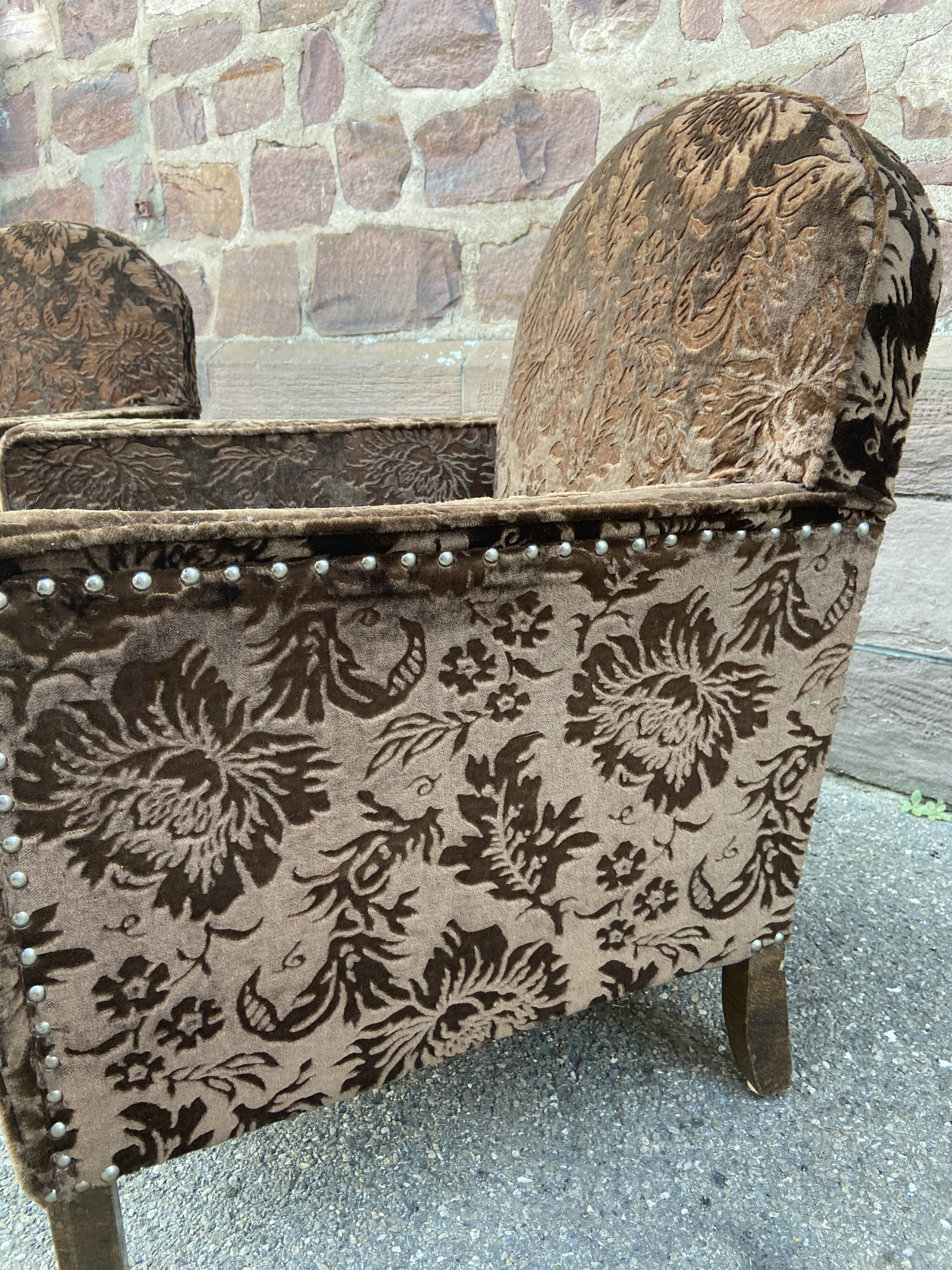 Pair of 1930 vintage art deco club armchairs in velvet