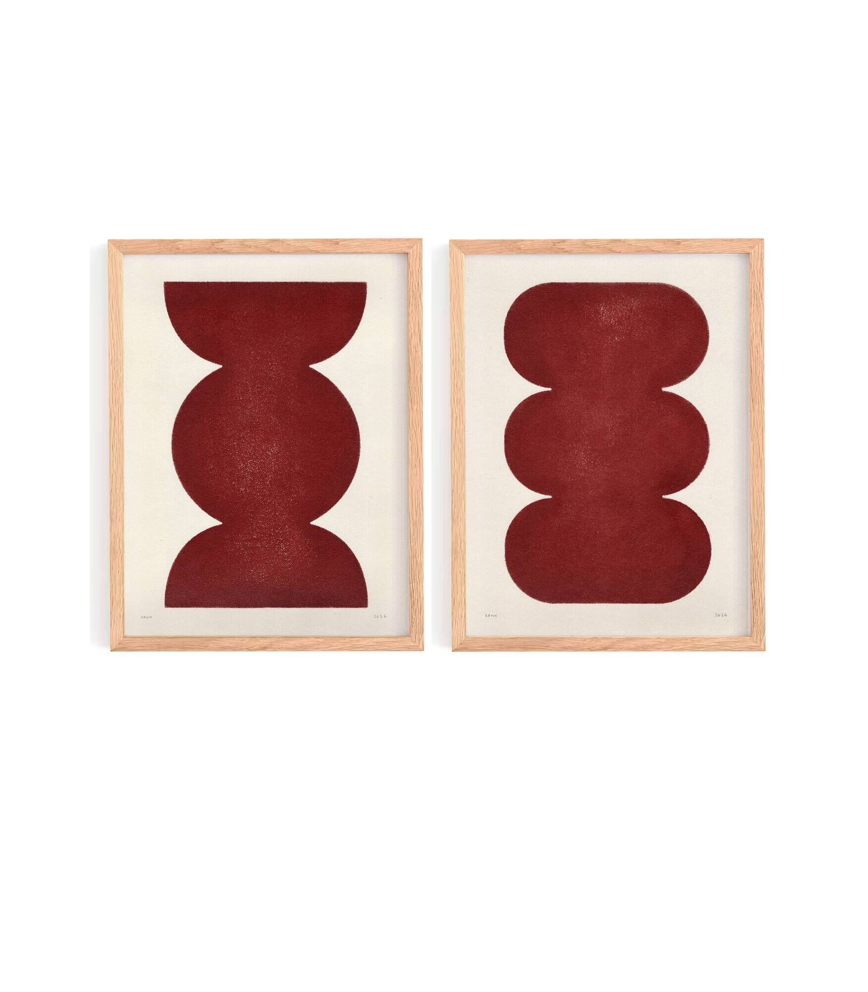 Duo of abstract paintings in burgundy on paper signed Eawy.