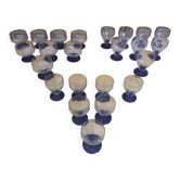 Set of 23 Stemmed Glasses Transparent Glass + Cobalt Blue Stems Vintage