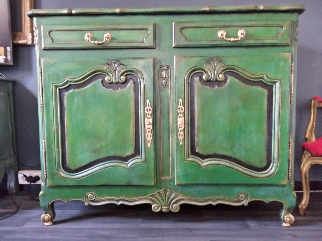 Buffet style Louis XV green and golden cerusé.