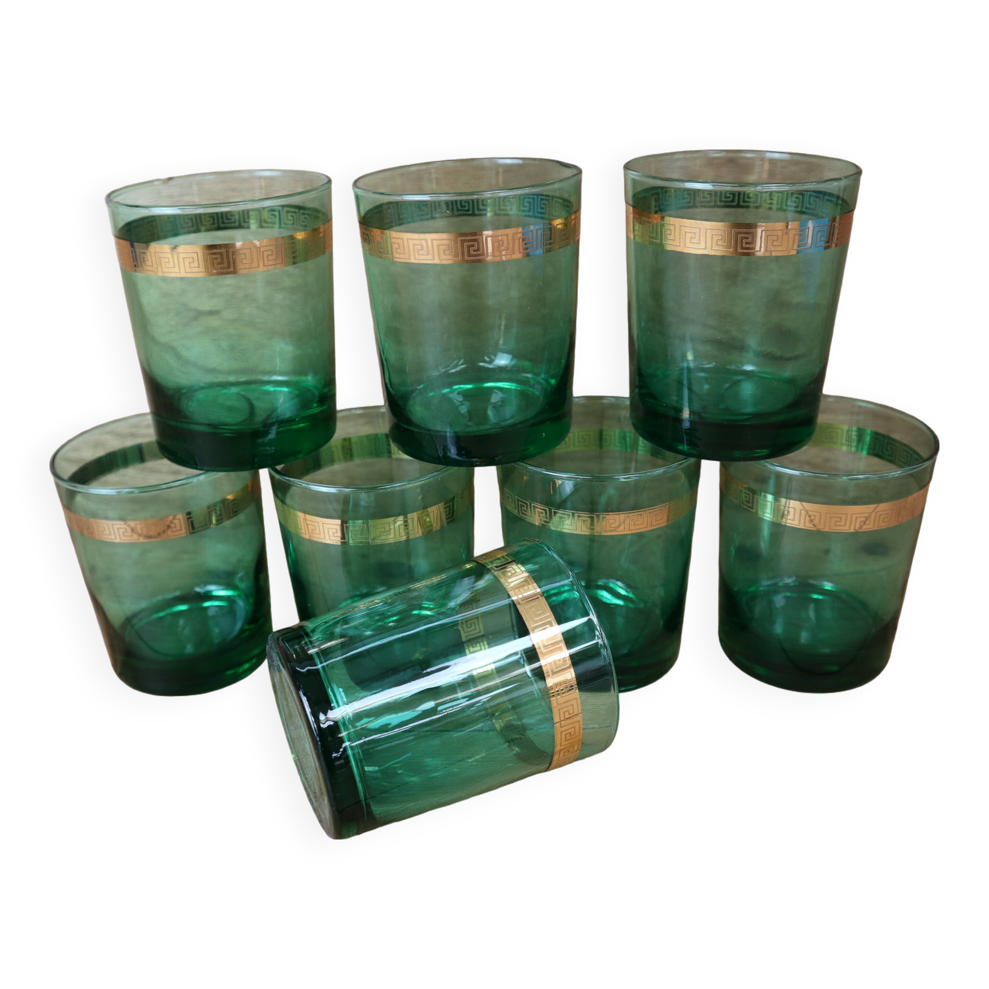 8 verres à whisky vert émeraude bande dorée Luminarc France